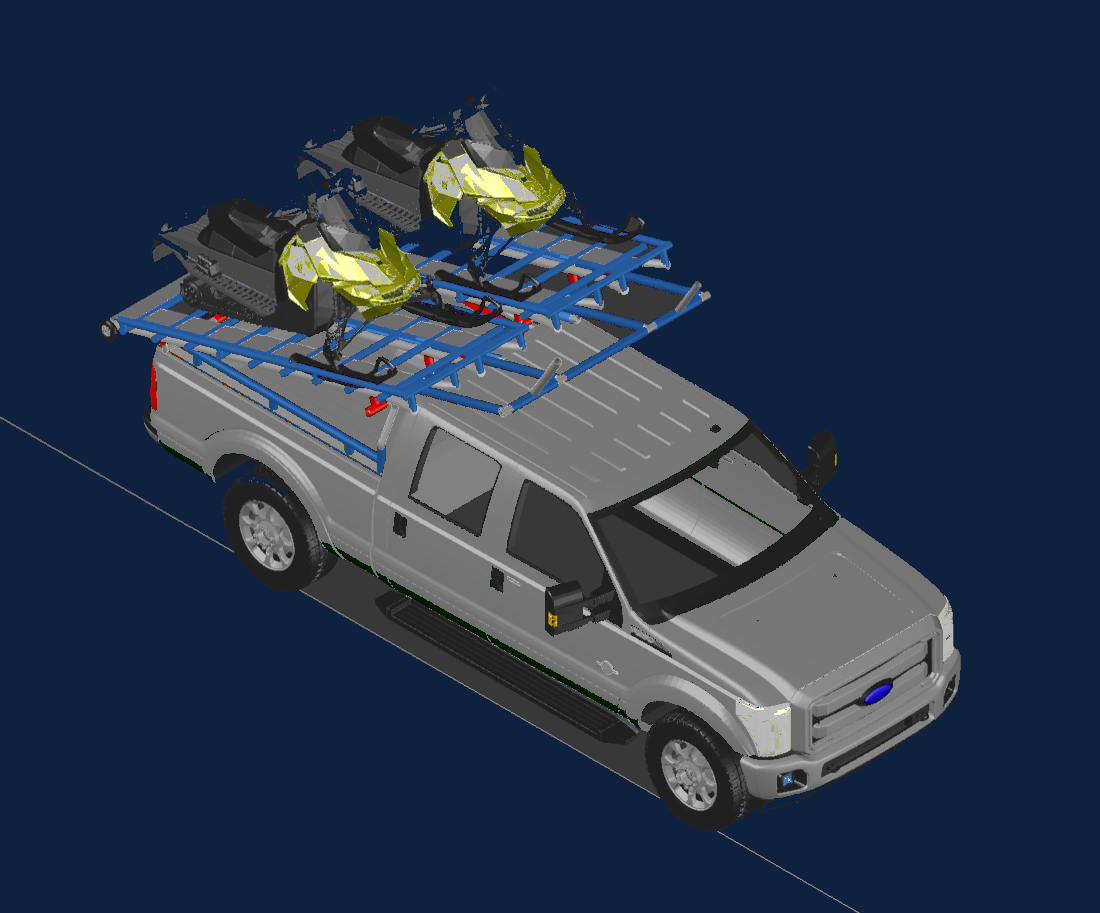 Two snowmobiles loaded on the Frostrack — CAD render