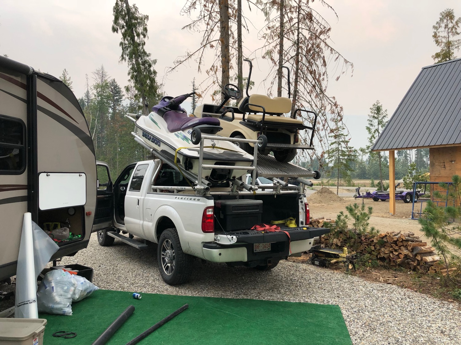 Campsite setup, equipment aboard