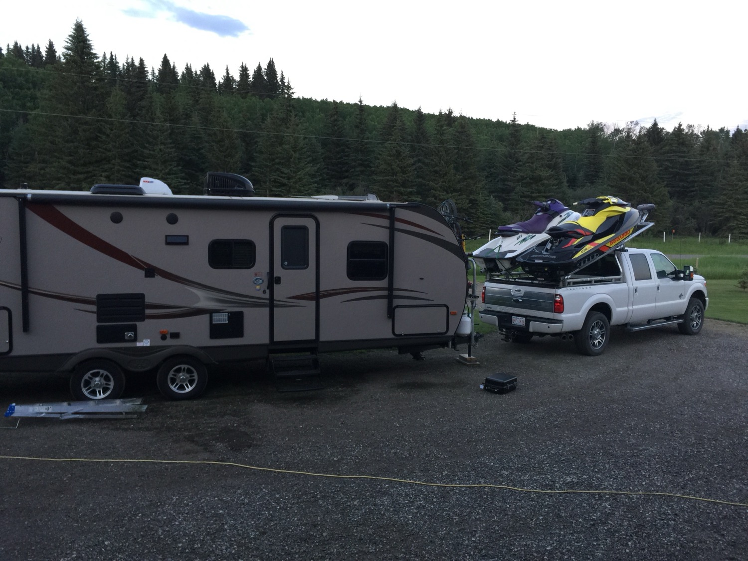 Trailer hitched, equipment aboard